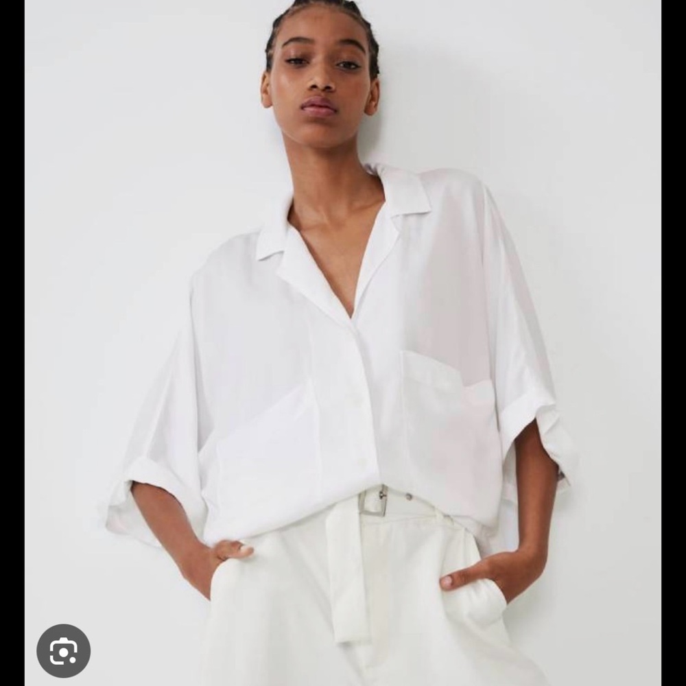 Zara White Relaxed Camp-Collar Button Front Blouse